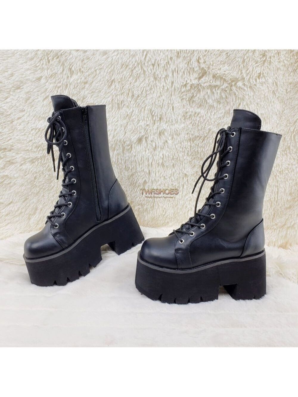 Ashes Black Matte Platform Goth Punk Mid Calf Combat Boots - Picture 13 of 14